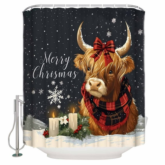 Snowflake Highland Cow Shower Curtain, 48" x 72", Candle Pine Tree Merry Christmas Waterproof Bathroom Curtain Washable Shower Curtain Set with 12 Hooks