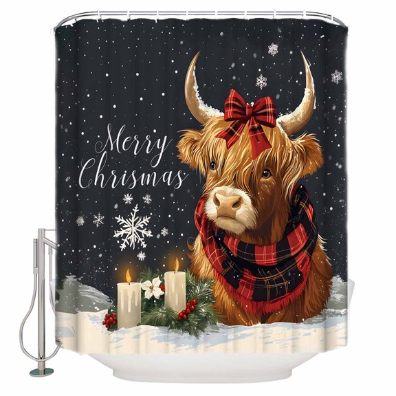 Snowflake Highland Cow Shower Curtain, 66" x 72", Candle Pine Tree Merry Christmas Waterproof Bathroom Curtain Washable Shower Curtain Set with 12 Hooks