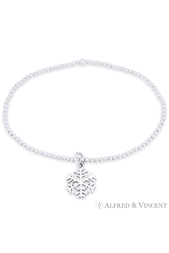 Snowflake Ice Crystal Charm & Polished Ball Bead Stretch Bracelet in .925 Sterling Silver