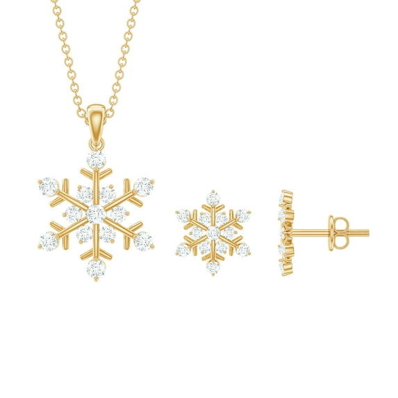 Rosec Jewels Certified Moissanite Snowflake Necklace and Earring Set for Women - D-VS1 Quality - Gift for Christmas with Jewelry Box, 18K Yellow Gold