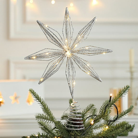 Snowflake LED Christmas Tree Topper, 13 Inch Silver Metal Star with Built-in Lights - Battery Powered 3D Hollow Tree Top Decoration Silver