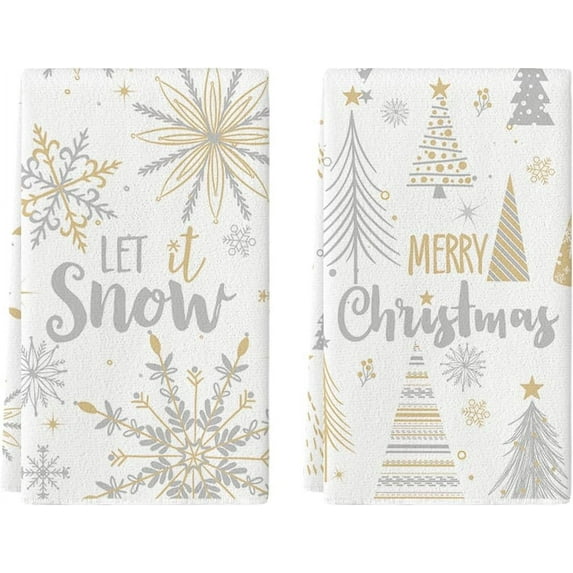 Snowflake Let It Snow Xmas Trees Merry Christmas Kitchen Towels Dish Towels, 18x26 Inch Daily Seasonal Winter Decoration Hand Towels Set of 2