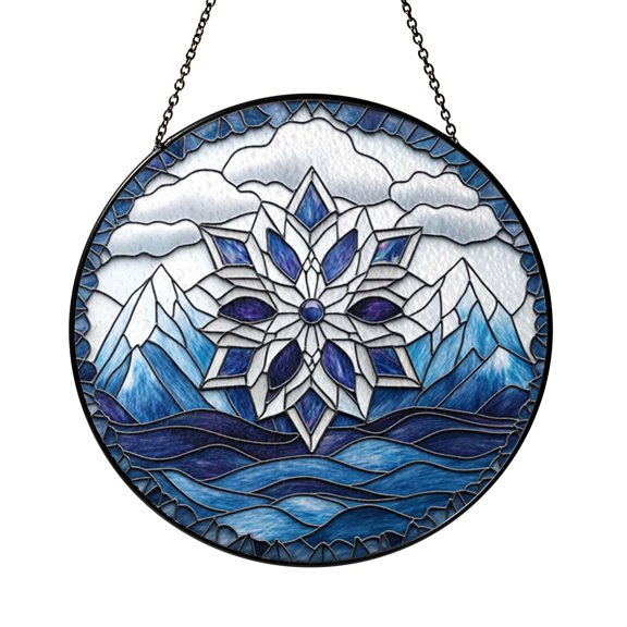 Snowflake Mountain Stained Glass Suncatcher, Winter Landscape Window Decor, Festive Nature Inspired Gift
