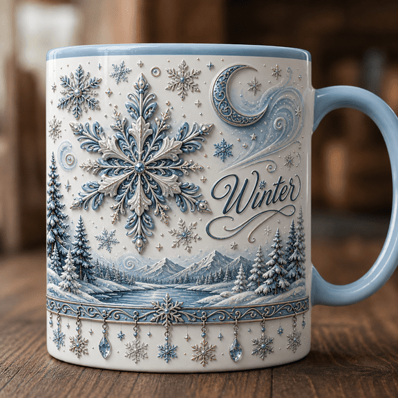 Snowflake Mug Winter Sky Coffee Cup Blue Winter Scene Gift for Christmas Lovers