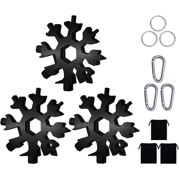 Snowflake Multitool, 3 Pcs 18-in-1 Stainless Steel Snowflake Standard Multitool, Snowflake Wrench with Key Ring, Carabiner Clip and Storage Pouch (Black)
