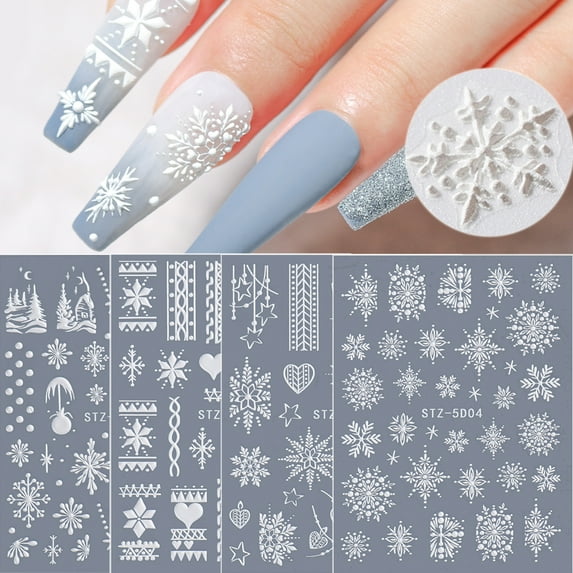Snowflake Nail Art Sticker Decals 5D Embossed Christmas French White Snowflake Self-adhesive Nail Art Decoration Accessories Snowflakes Lace Lattice Elk Classic Winter Design, 4 Sheets