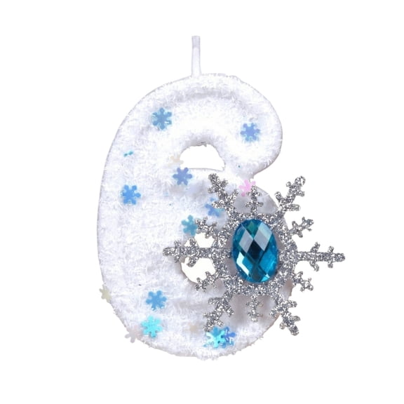 Snowflake Number Candle, Fuzzy White Number 6 Birthday Candle With Silver Snowflake & Blue Gem, Cake Topper for Frozen / Winter Themed Birthday Party Decorations, Silver Snowflake & Blue Gem Number 6