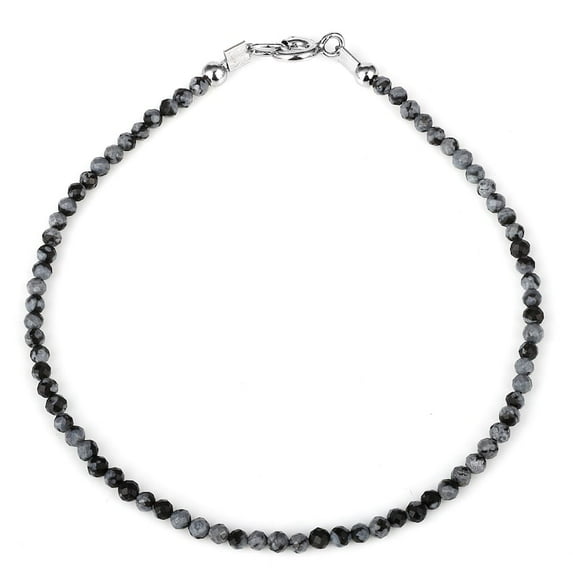 Snowflake Obsidian 2mm Round Shape Smooth Cut Beads 7 inch Adjustable Silver Plated Clasp Bracelet for men, women, unisex. Link Chain Stacking Bracelet.|LINK_06200