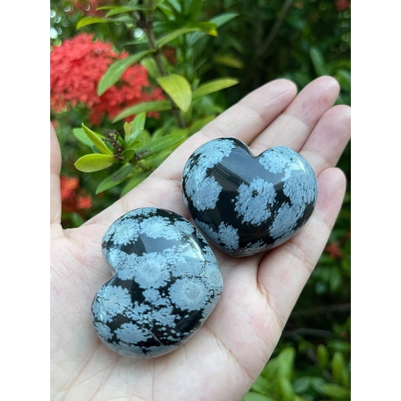 Snowflake Obsidian Gemstone Hearts, Polished Snowflake Obsidian Puffy Hearts, Snowflake Obsidian Palm Stone, Snowflake Obsidian Heart (2 Hearts）