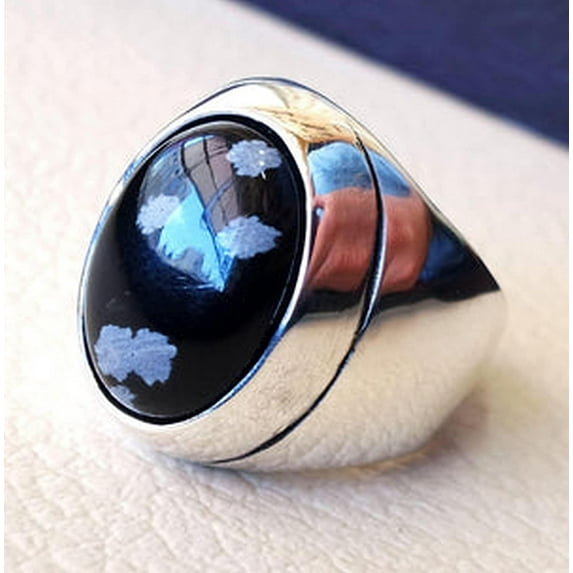 Snowflake Obsidian Mans Ring, Natural Snowflake Obsidian, Biker Ring, Silver Jewelry, 925 Silver Ring, Gift, Heavy Mens Ring, Arabic Design, Ottoman Style Ring, Christmas, Turkey Mens Signet Ring