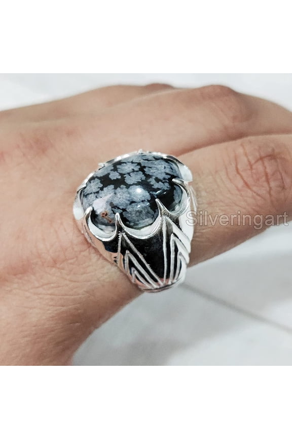 Snowflake Obsidian Mans Ring, Natural Snowflake Obsidian, Gents Ring, Silver Jewelry, 925 Silver Ring, Gift, Heavy Mens Ring, Arabic Design, Ottoman Style Ring, Christmas, Turkey Mens Signet Ring