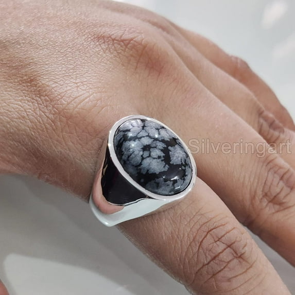 Snowflake Obsidian Mans Ring, Natural Snowflake Obsidian, Gents Ring, Silver Jewelry, 925 Silver Ring, Gift, Heavy Mens Ring, Arabic Design, Ottoman Style Ring, Christmas, Turkey Mens Signet Ring