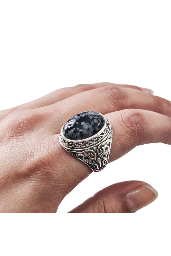 Snowflake Obsidian Mans Ring, Natural Snowflake Obsidian, Gents Ring, Silver Jewelry, 925 Silver Ring, Gift, Heavy Mens Ring, Arabic Design, Ottoman Style Ring, Christmas, Turkey Mens Signet Ring