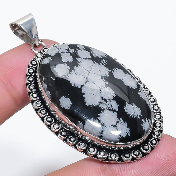 Snowflake Obsidian Oval Shape Gemstone Pendant Handmade Jewelry 3.1" FP 2960