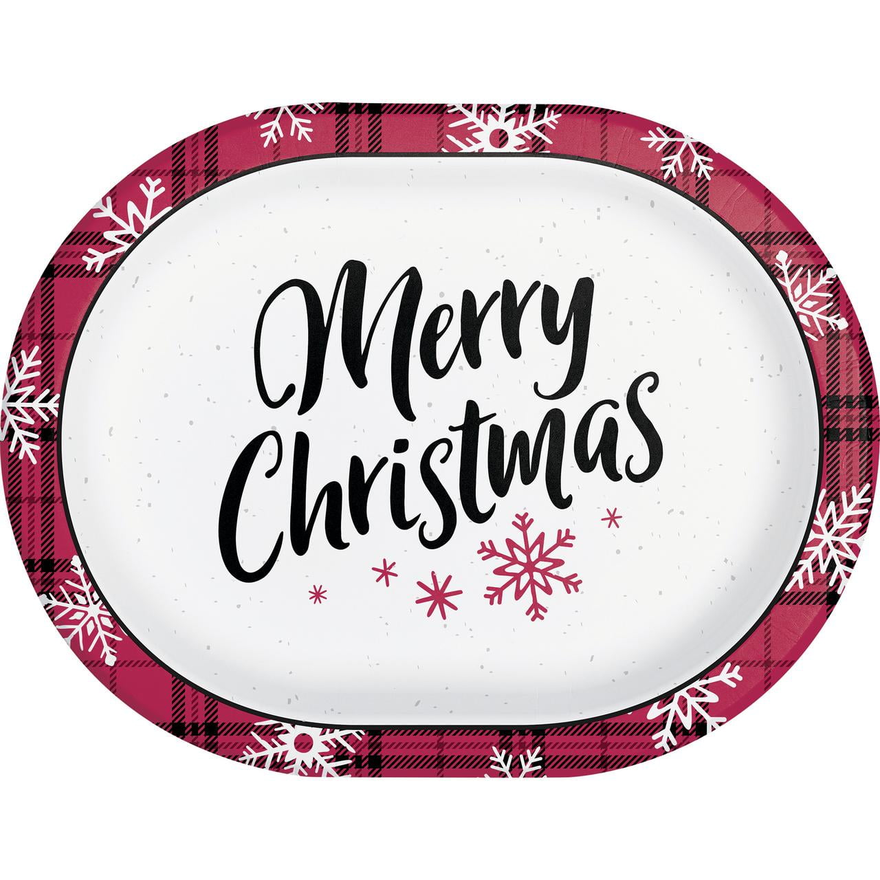 Red and Black Snowflake Merry Christmas Oval Disposable Paper Plates 12