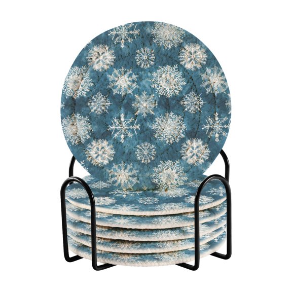 Snowflake Pattern Print Drink Coasters with Holder Absorbent Coaster for Coffee Table Room Decor 6 Pack