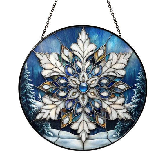 Snowflake Pattern Stained Glass Style Suncatcher – Winter Window Decor