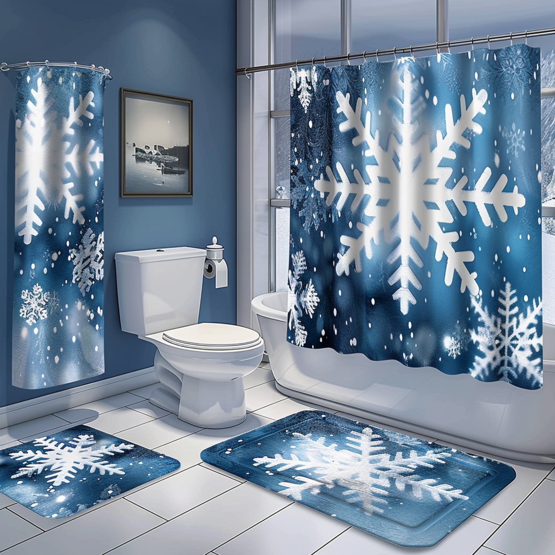 Snowflake Patterned Bathroom Curtain & Set Winter Themed in Hyper ...