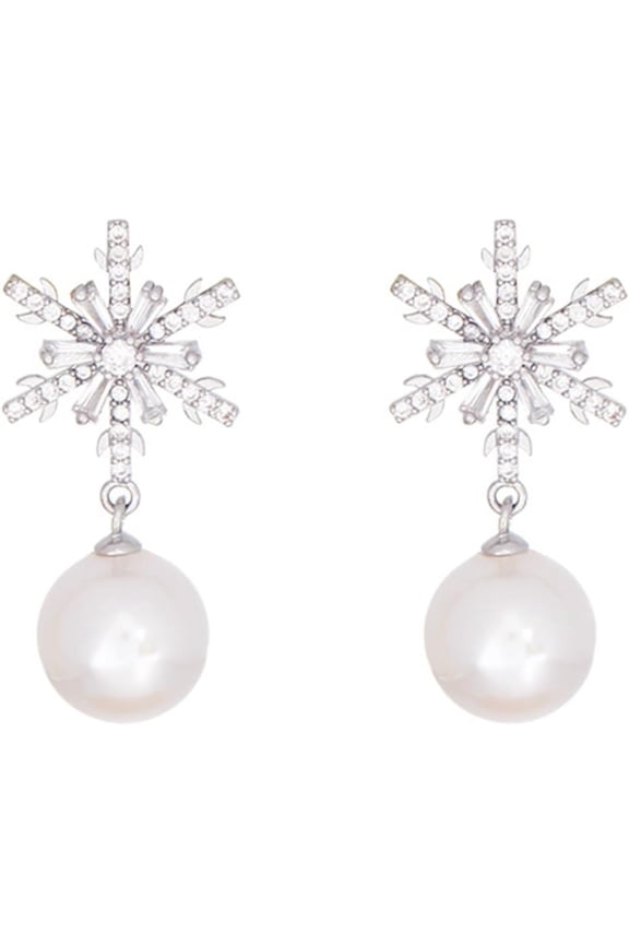 Snowflake Pearl Stud Earrings 925 Sterling Silver Elegant Frozen Flowers White Pearls Sparkly Crystal Rhinestone Xmas Dangle Drop Earrings for Women Winter Christmas New Year Party Fashion Jewelry