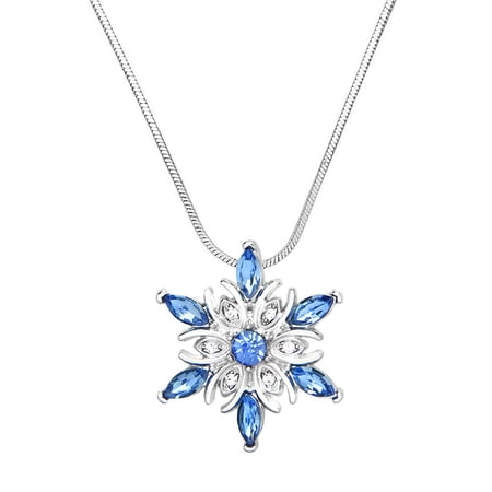 Snowflake Pendant Necklace Blue Clear Rhinestone Crystal Rhodium Plated 17 Inch Snake Chain J0309-BL