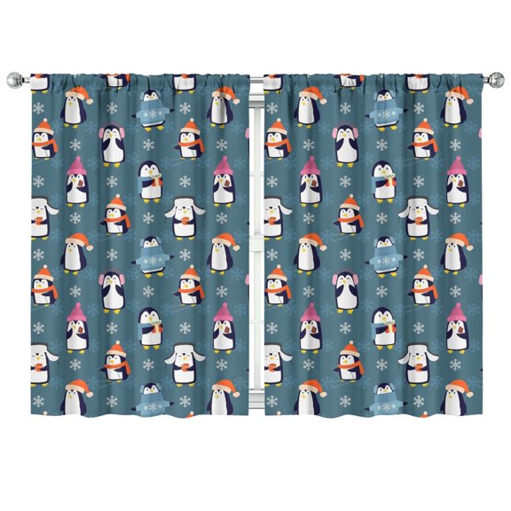 Snowflake & Penguin Kitchen Curtains 2 Pack - 42x63 Inch Cartoon Emperor Penguin Print Tier Curtains, Light Filtering Rod Pocket Panels for Home Decor