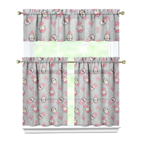 Snowflake Penguin Kitchen Curtains 3 PC Set - Cute Cartoon Emperor Penguin Print Tier Curtains & Valance, Semi-Sheer Farmhouse Window Treatment Panels with Rod Pocket (White, 54x18" + 2x27.5x36")