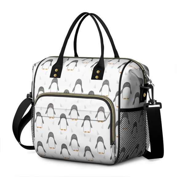 Snowflake and Penguin Pattern Insulated Lunch Bag, Large Leakproof Cooler Tote with Cute Emperor Penguin Cartoon Design, Adjustable Strap for Daily Commute or Travel