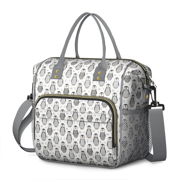 Snowflake and Penguin Pattern Insulated Lunch Bag, Large Leakproof Cooler Tote with Cute Emperor Penguin Cartoon Design, Adjustable Strap for Daily Commute or Travel