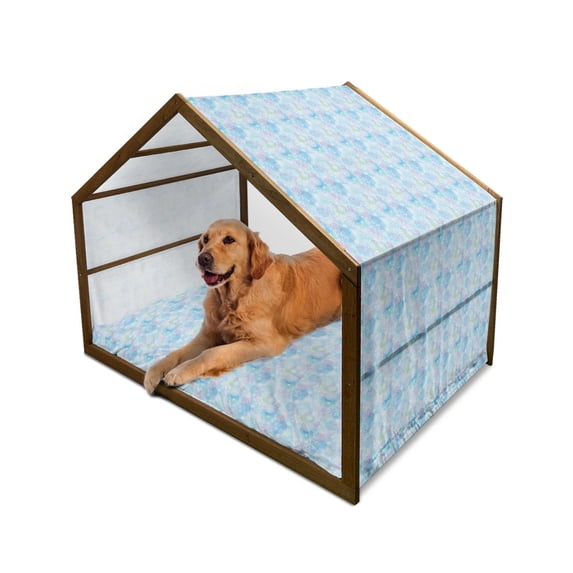 Snowflake Pet House, Bokeh Style Background with Abstract Snowflake Pattern Winter Themed Composition, Outdoor & Indoor Portable Dog Kennel with Pillow and Cover, 5 Sizes, Multicolor, by Ambesonne