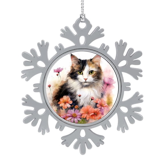 Snowflake Pewter Christmas Ornament Cute Cat And Flowers Decorative Hanging Ornaments Cute Calico Cat With Pink Flowers Watercolor Xmas Tree Decorations Best Gifts for Christmas