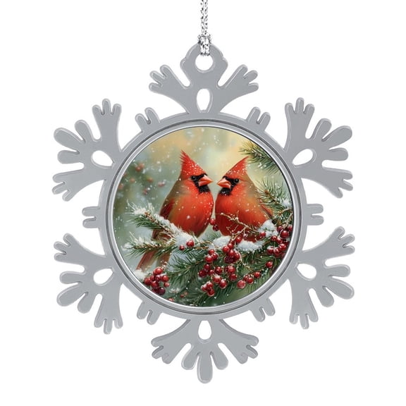 Snowflake Pewter Christmas Ornament Red Bird Cardinal Sitting on The Branch Holiday Present Snowflake Animals Xmas Tree Decorations Gifts Keepsake for Family Xmas Ornament 3"