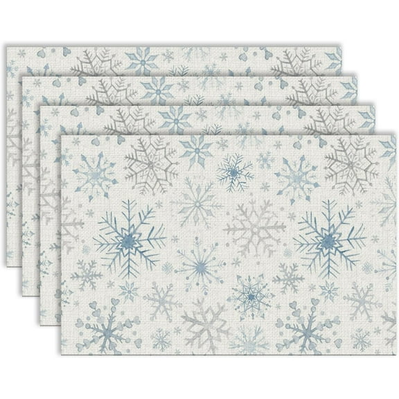 Snowflake Placemats, Blue and Silver Christmas Xmas Table Mats Washable Placemat for Home Winter Holiday Party Kitchen Dining Room Decoration 12x18 Inch