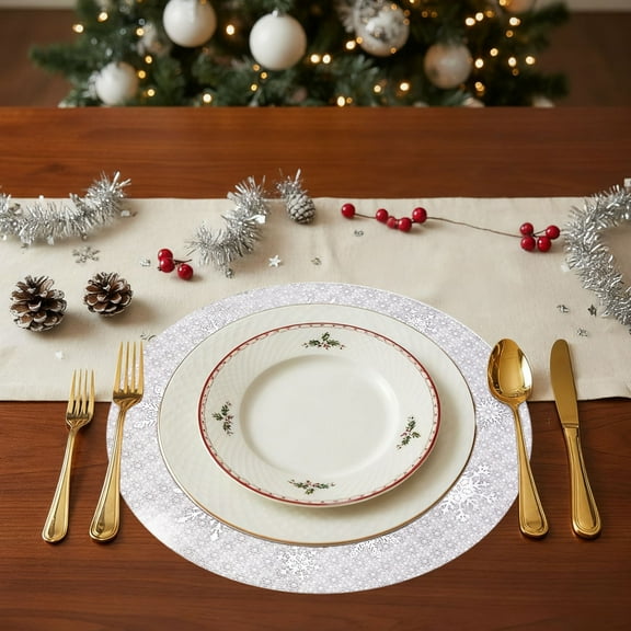 Snowflake Placemats Christmas Decorations Gold Snowflake Tablemats Round Vinyl Place Mats Table Setting Kitchen Table Mats for Dining Table Holiday Wedding Decorative