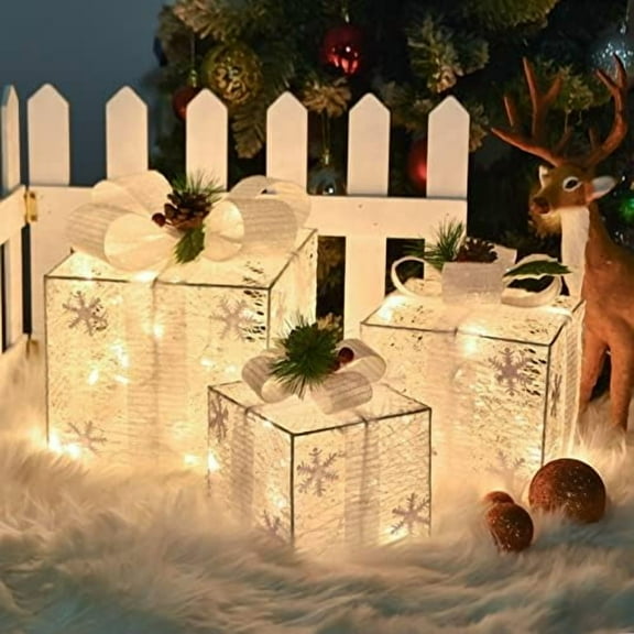Snowflake Pre-Lit Box Set, 3 Pack Battery Operated Lighted Present Decor for Indoor & Outdoor Holiday Display