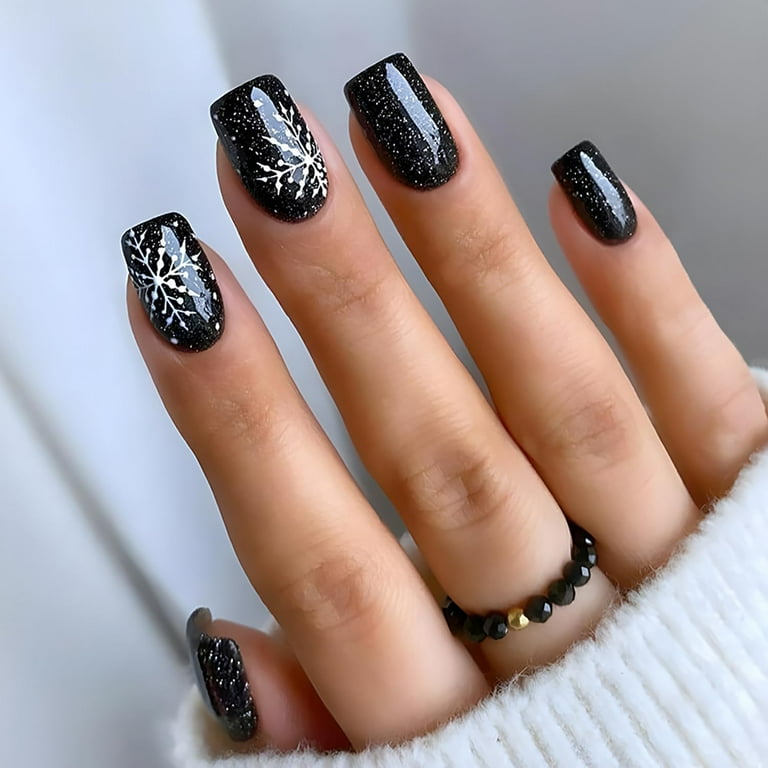Snowflake Press on Nails Christmas Fake Nails Short Square Glue on
