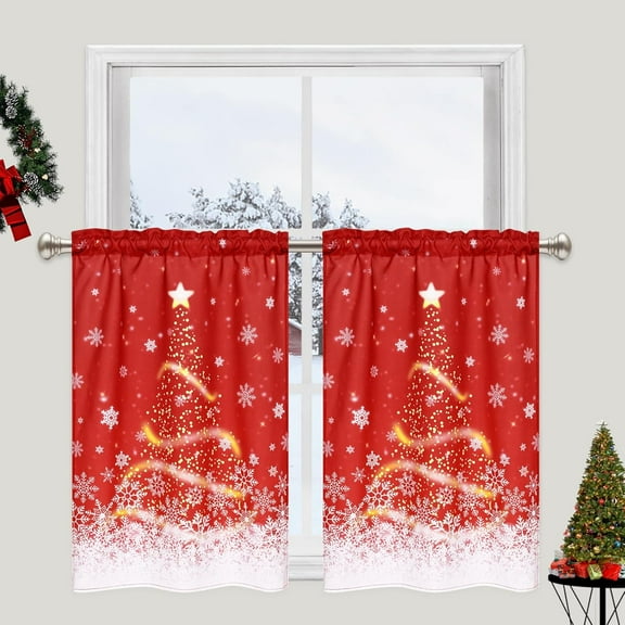 Snowflake Print Christmas Tier Curtains for Kitchen Gold Sparkle Christmas Tree Rod Pocket Window Tier Curtains Red Ombre Window Treatment Tiers for Cafe Bathroom Bedroom 26''''W x 36''''L, 2 Panel