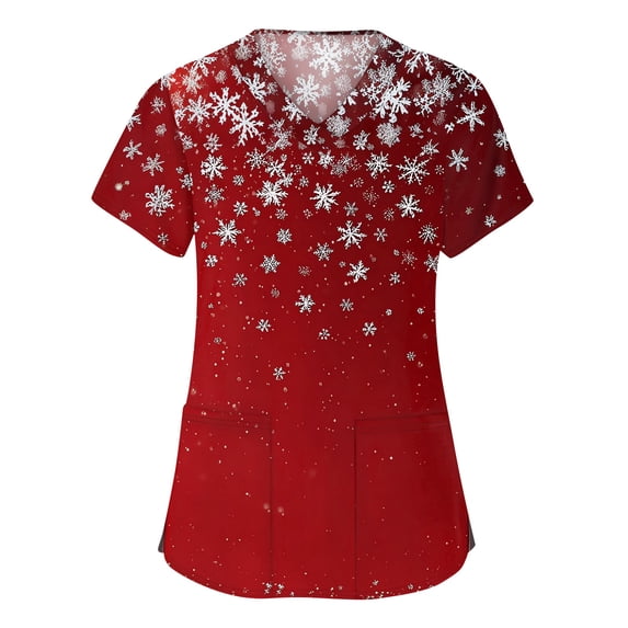 Side Slit Tee Christmas Print V-Neck Scrub Top for Women Short Sleeve Workwear with ...