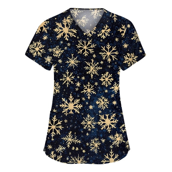 Side Slit Tee Christmas Print V-Neck Scrub Top for Women Short Sleeve Workwear with ...