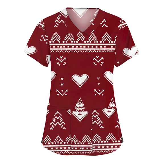 Side Slit Tee Christmas Print V-Neck Scrub Top for Women Short Sleeve Workwear with ...
