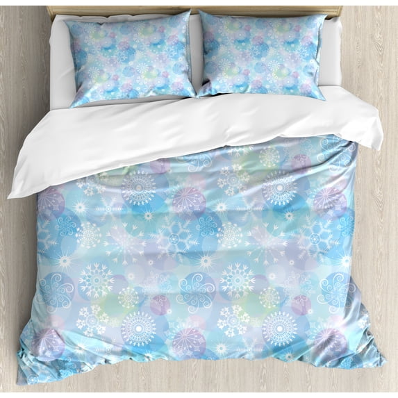 Snowflake Queen Size Duvet Cover Set, Bokeh Style Background with Abstract Snowflake Pattern Winter Themed Composition, Decorative 3 Piece Bedding Set with 2 Pillow Shams, Multicolor, by Ambesonne