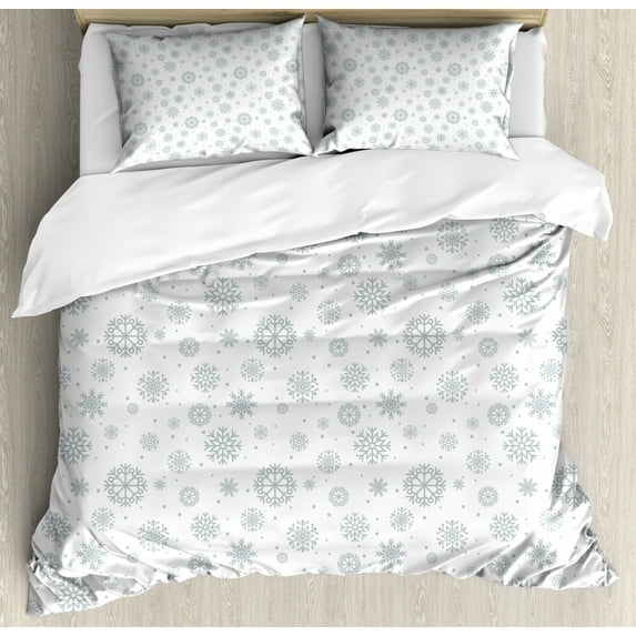 Snowflake Queen Size Duvet Cover Set, Doodle Style Symmetrical Motifs of Winter Season on a Dotted Background, Decorative 3 Piece Bedding Set with 2 Pillow Shams, Pale Grey White, by Ambesonne
