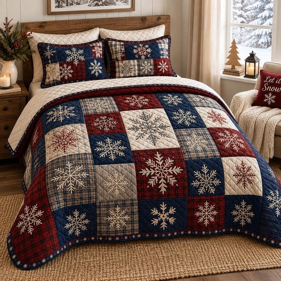 Snowflake Quilted Bedding Set, Christmas Patchwork Quilt, Plaid Winter Bedspread, Rustic Cabin Bedding, Cozy Farmhouse Holiday Bedroom Decor