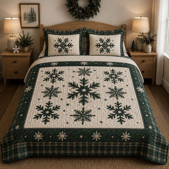 Snowflake Quilted Bedding Set, Winter Christmas Quilt, Green Plaid ...