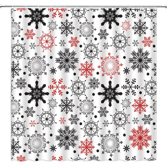 Snowflake RV Shower Curtain Christmas Red Black Gray Snow Winter Holiday Xmas Festival Rustic Small Stall Bathroom Decor Curtain with Hooks,36" Wx70 H