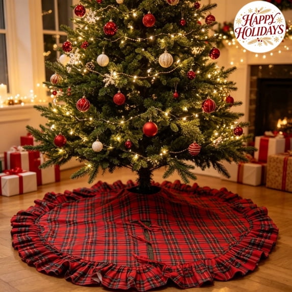 Snowflake Red Plaid Christmas Tree Skirt 48.03x48.03IN - Christmas Decorations, Decor, Holiday, Xmas, Festive, Seasonal, Home, Indoor, Outdoor, Party Supplies, Gifts, Ornaments