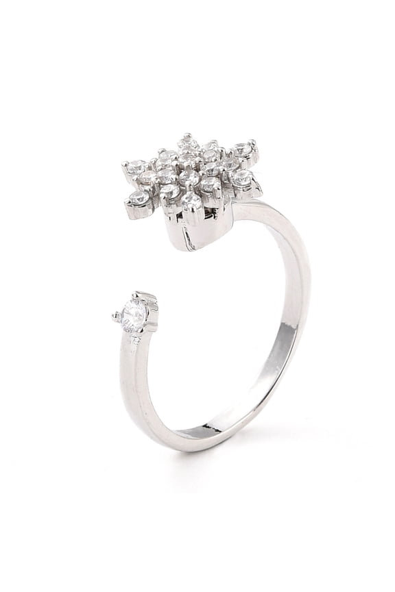 Snowflake Rotatable Open Ring for Women Brass Cubic Zirconia Fidget Spinner Rings Adjustable Relieve Stress Cuff Ring Platinum Size 7 3/4(17.9mm)
