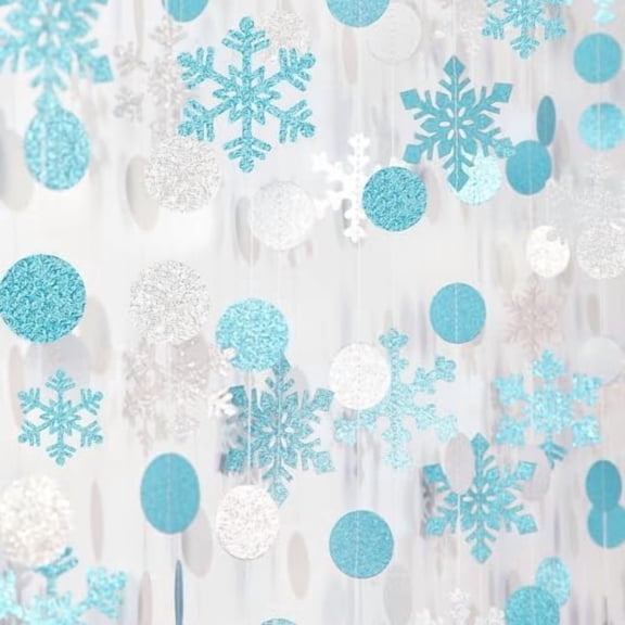 Snowflake-Snow Teal-Silver Christmas Party-Decoration Garland - 52Ft Turquoise White Winter Wonderland Frozen Hanging Paper Streamers,Birthday New Year Baby Shower Classroom Decor