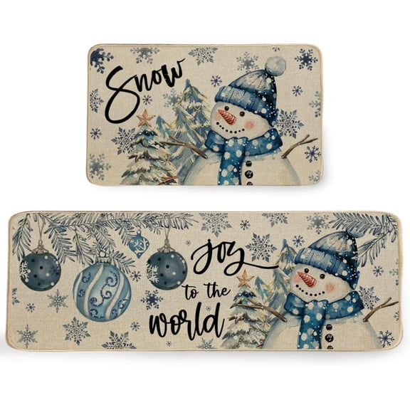Snowflake Snowman Winter Kitchen Mats Set of 2, Snow Joy to The World Christmas Seasonal Holiday Decor Home Party Xmas Kitchen Rugs - 17x29 and 17x47 Inch DKM014