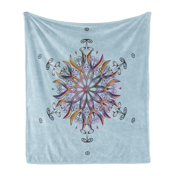 Snowflake Soft Flannel Fleece Throw Blanket, Doodle Style Illustration Colorful Round Ornament Motif, Cozy Plush for Indoor and Outdoor Use, 70" x 90", Multicolor, by Ambesonne