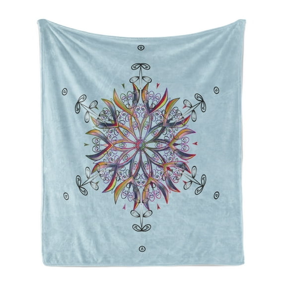 Snowflake Soft Flannel Fleece Throw Blanket, Doodle Style Illustration Colorful Round Ornament Motif, Cozy Plush for Indoor and Outdoor Use, 70" x 90", Multicolor, by Ambesonne